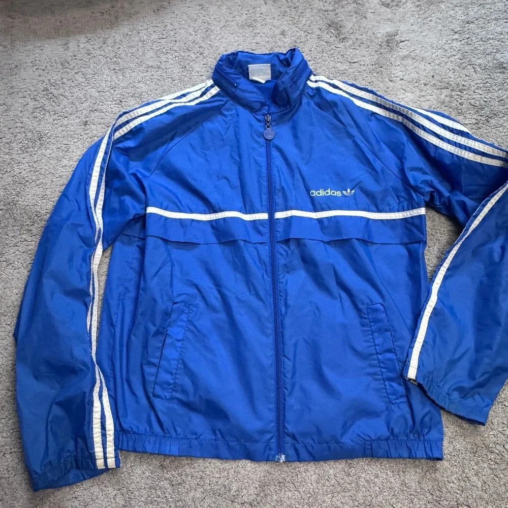 Vintage Adidas Men's Medium Full Zip Hooded Windbreaker Hidden Hood Jacket Blue
